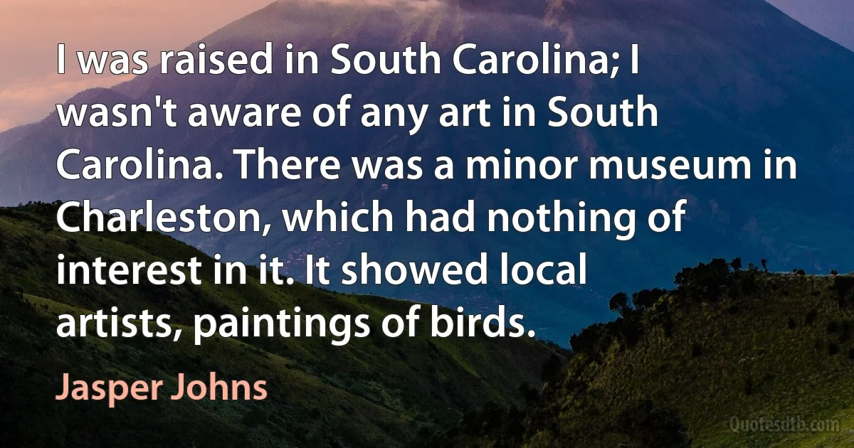 I was raised in South Carolina; I wasn't aware of any art in South Carolina. There was a minor museum in Charleston, which had nothing of interest in it. It showed local artists, paintings of birds. (Jasper Johns)