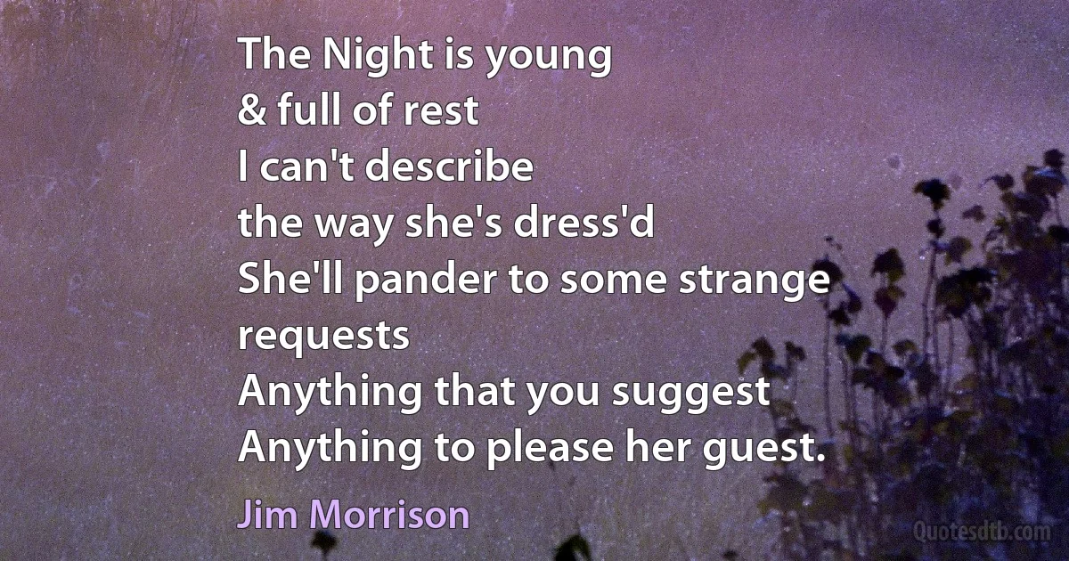 The Night is young
& full of rest
I can't describe
the way she's dress'd
She'll pander to some strange
requests
Anything that you suggest
Anything to please her guest. (Jim Morrison)