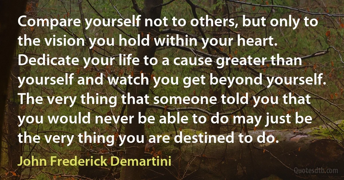 Compare yourself not to others, but only to the vision you hold within your heart. Dedicate your life to a cause greater than yourself and watch you get beyond yourself. The very thing that someone told you that you would never be able to do may just be the very thing you are destined to do. (John Frederick Demartini)