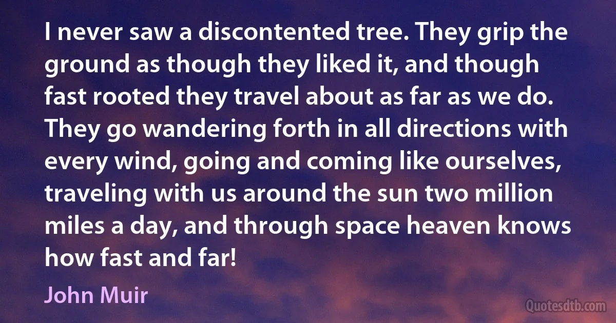I never saw a discontented tree. They grip the ground as though they liked it, and though fast rooted they travel about as far as we do. They go wandering forth in all directions with every wind, going and coming like ourselves, traveling with us around the sun two million miles a day, and through space heaven knows how fast and far! (John Muir)