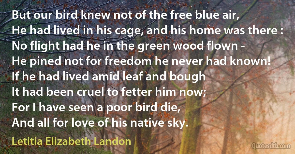 But our bird knew not of the free blue air,
He had lived in his cage, and his home was there :
No flight had he in the green wood flown -
He pined not for freedom he never had known!
If he had lived amid leaf and bough
It had been cruel to fetter him now;
For I have seen a poor bird die,
And all for love of his native sky. (Letitia Elizabeth Landon)