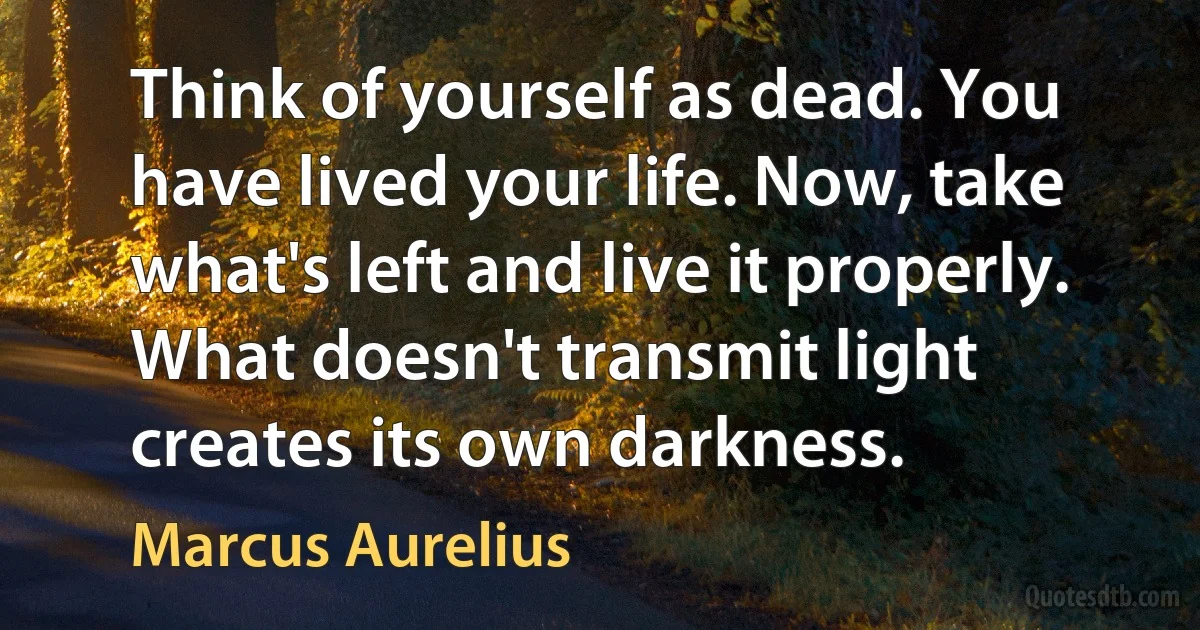 Think of yourself as dead. You have lived your life. Now, take what's left and live it properly. What doesn't transmit light creates its own darkness. (Marcus Aurelius)