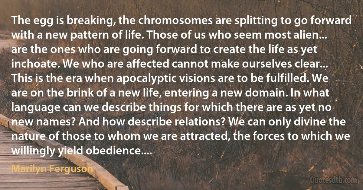 The egg is breaking, the chromosomes are splitting to go forward with a new pattern of life. Those of us who seem most alien... are the ones who are going forward to create the life as yet inchoate. We who are affected cannot make ourselves clear... This is the era when apocalyptic visions are to be fulfilled. We are on the brink of a new life, entering a new domain. In what language can we describe things for which there are as yet no new names? And how describe relations? We can only divine the nature of those to whom we are attracted, the forces to which we willingly yield obedience.... (Marilyn Ferguson)