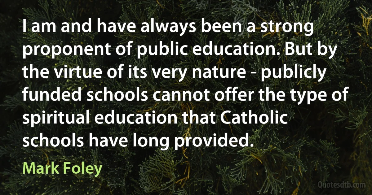 I am and have always been a strong proponent of public education. But by the virtue of its very nature - publicly funded schools cannot offer the type of spiritual education that Catholic schools have long provided. (Mark Foley)