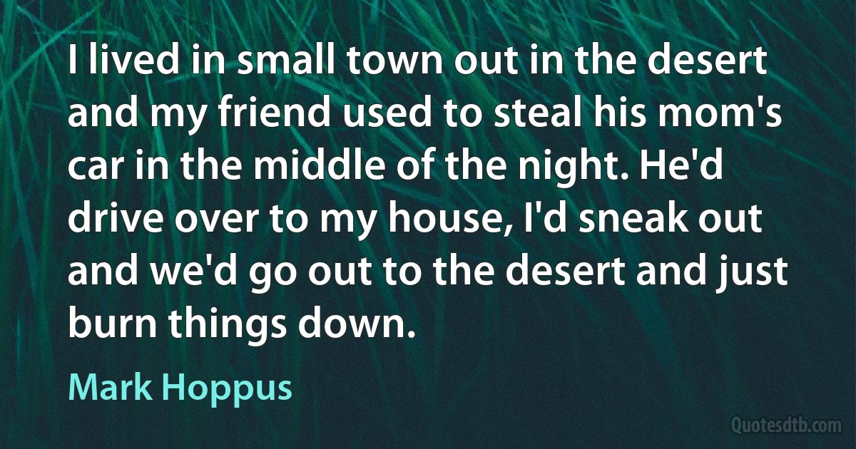 I lived in small town out in the desert and my friend used to steal his mom's car in the middle of the night. He'd drive over to my house, I'd sneak out and we'd go out to the desert and just burn things down. (Mark Hoppus)