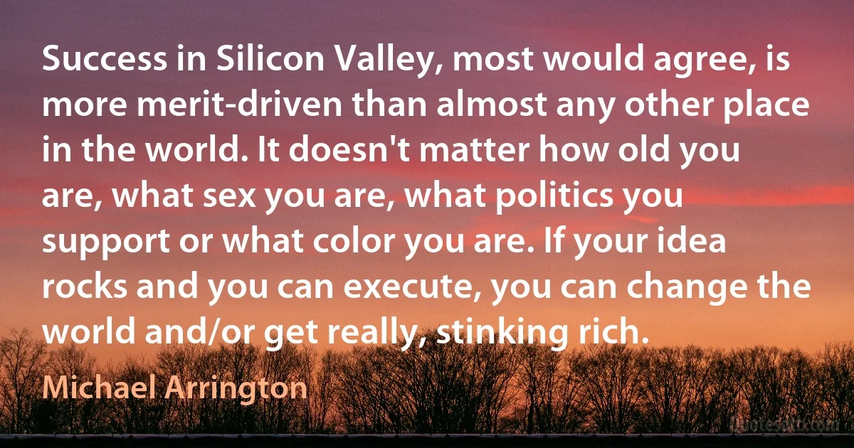 Success in Silicon Valley, most would agree, is more merit-driven than almost any other place in the world. It doesn't matter how old you are, what sex you are, what politics you support or what color you are. If your idea rocks and you can execute, you can change the world and/or get really, stinking rich. (Michael Arrington)