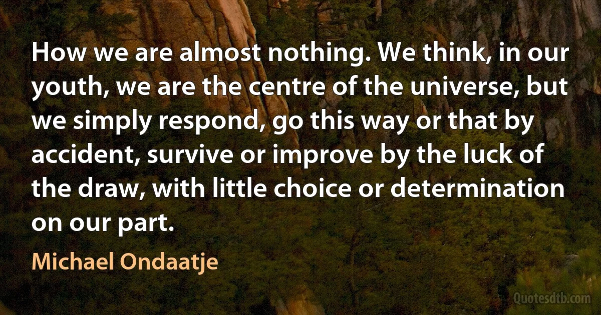 How we are almost nothing. We think, in our youth, we are the centre of the universe, but we simply respond, go this way or that by accident, survive or improve by the luck of the draw, with little choice or determination on our part. (Michael Ondaatje)