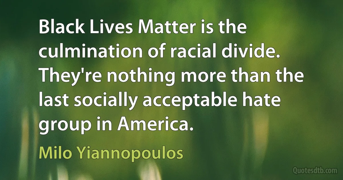 Black Lives Matter is the culmination of racial divide. They're nothing more than the last socially acceptable hate group in America. (Milo Yiannopoulos)