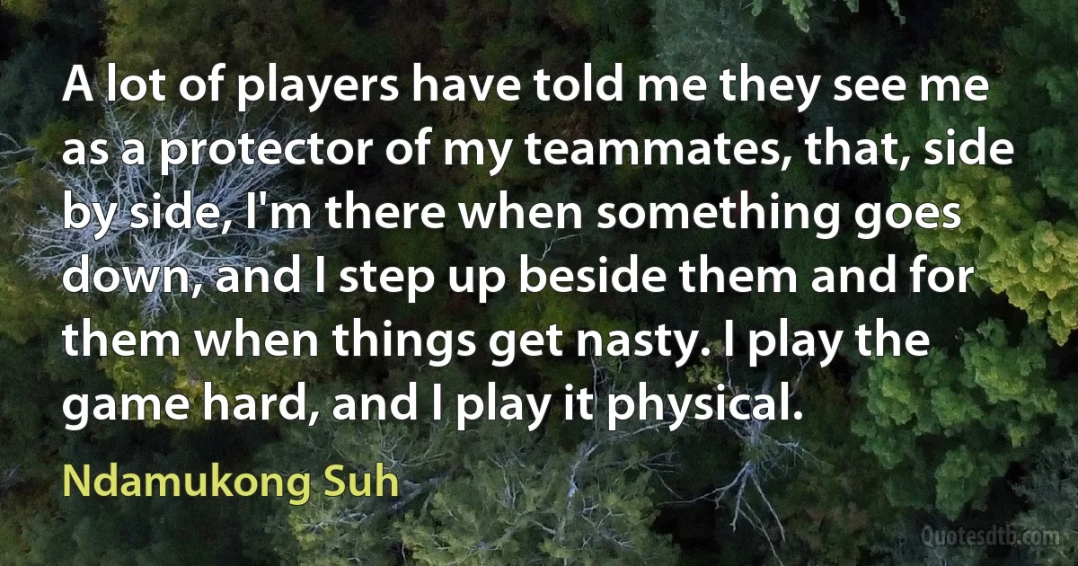 A lot of players have told me they see me as a protector of my teammates, that, side by side, I'm there when something goes down, and I step up beside them and for them when things get nasty. I play the game hard, and I play it physical. (Ndamukong Suh)