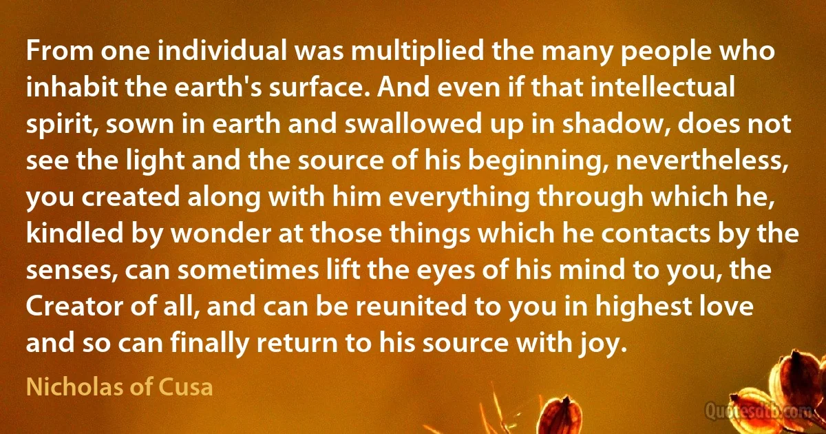 From one individual was multiplied the many people who inhabit the earth's surface. And even if that intellectual spirit, sown in earth and swallowed up in shadow, does not see the light and the source of his beginning, nevertheless, you created along with him everything through which he, kindled by wonder at those things which he contacts by the senses, can sometimes lift the eyes of his mind to you, the Creator of all, and can be reunited to you in highest love and so can finally return to his source with joy. (Nicholas of Cusa)