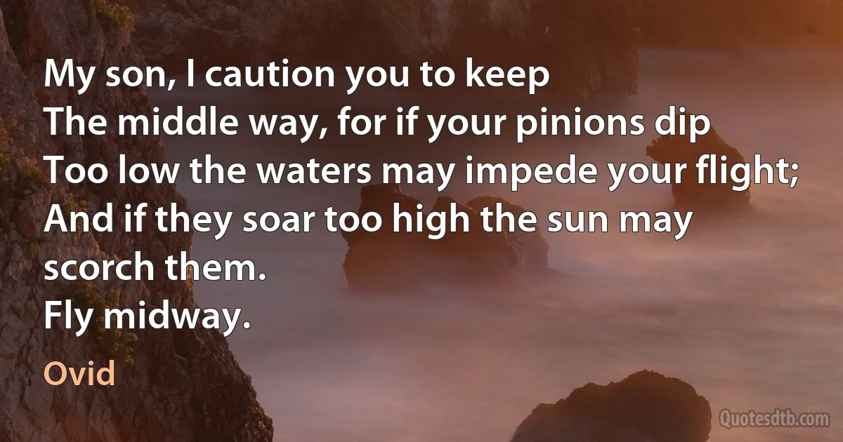 My son, I caution you to keep
The middle way, for if your pinions dip
Too low the waters may impede your flight;
And if they soar too high the sun may scorch them.
Fly midway. (Ovid)