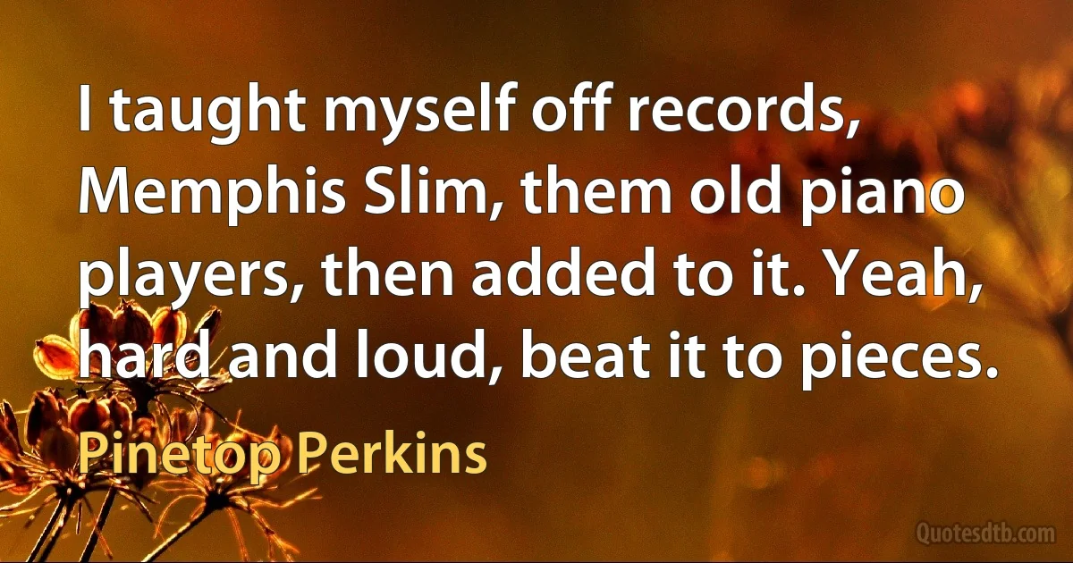 I taught myself off records, Memphis Slim, them old piano players, then added to it. Yeah, hard and loud, beat it to pieces. (Pinetop Perkins)