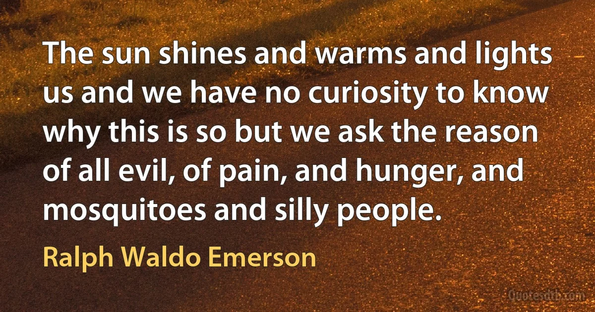 The sun shines and warms and lights us and we have no curiosity to know why this is so but we ask the reason of all evil, of pain, and hunger, and mosquitoes and silly people. (Ralph Waldo Emerson)