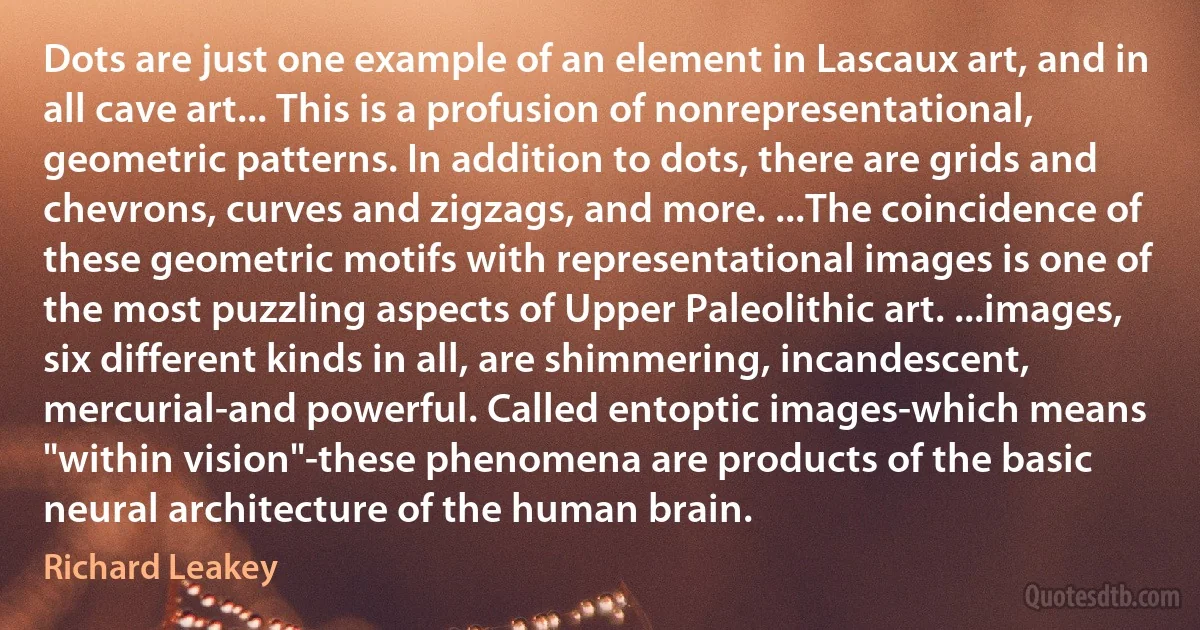 Dots are just one example of an element in Lascaux art, and in all cave art... This is a profusion of nonrepresentational, geometric patterns. In addition to dots, there are grids and chevrons, curves and zigzags, and more. ...The coincidence of these geometric motifs with representational images is one of the most puzzling aspects of Upper Paleolithic art. ...images, six different kinds in all, are shimmering, incandescent, mercurial-and powerful. Called entoptic images-which means "within vision"-these phenomena are products of the basic neural architecture of the human brain. (Richard Leakey)