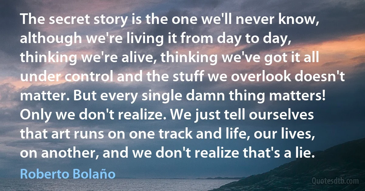 The secret story is the one we'll never know, although we're living it from day to day, thinking we're alive, thinking we've got it all under control and the stuff we overlook doesn't matter. But every single damn thing matters! Only we don't realize. We just tell ourselves that art runs on one track and life, our lives, on another, and we don't realize that's a lie. (Roberto Bolaño)