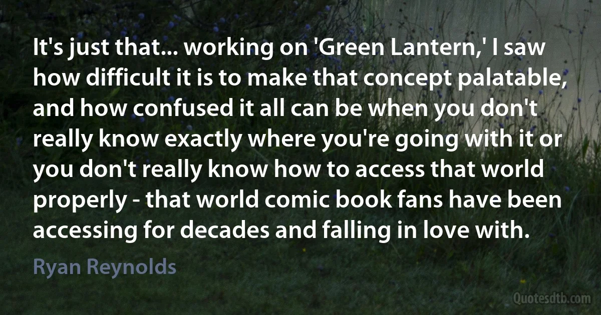 It's just that... working on 'Green Lantern,' I saw how difficult it is to make that concept palatable, and how confused it all can be when you don't really know exactly where you're going with it or you don't really know how to access that world properly - that world comic book fans have been accessing for decades and falling in love with. (Ryan Reynolds)