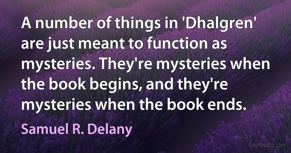 A number of things in 'Dhalgren' are just meant to function as mysteries. They're mysteries when the book begins, and they're mysteries when the book ends. (Samuel R. Delany)