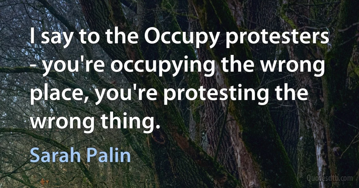 I say to the Occupy protesters - you're occupying the wrong place, you're protesting the wrong thing. (Sarah Palin)