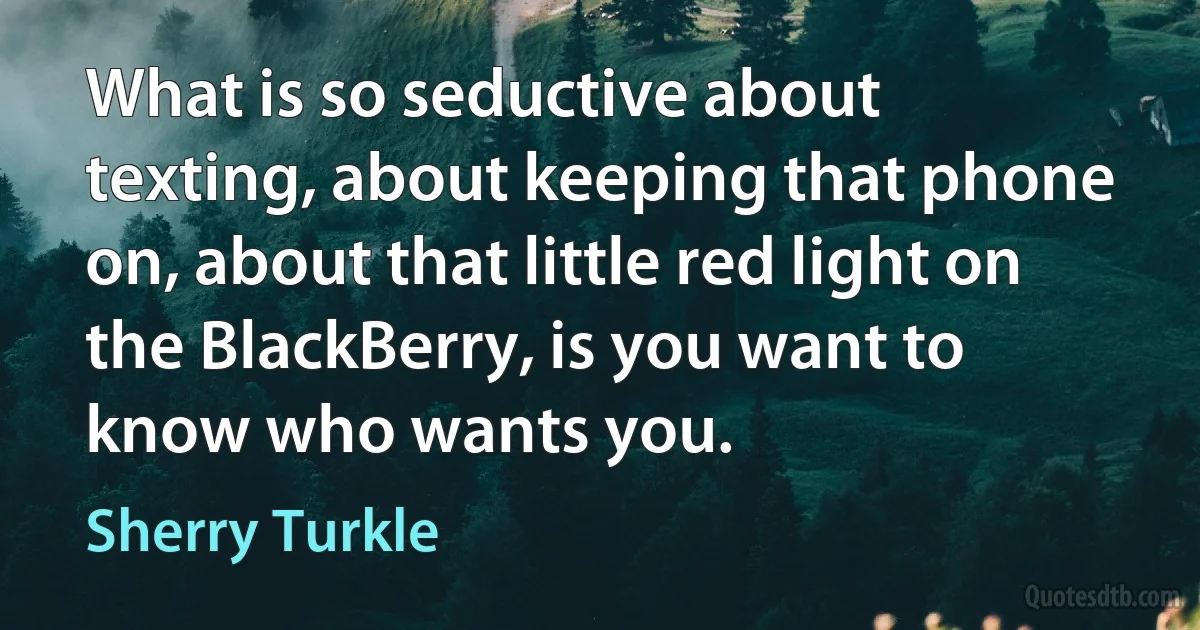 What is so seductive about texting, about keeping that phone on, about that little red light on the BlackBerry, is you want to know who wants you. (Sherry Turkle)