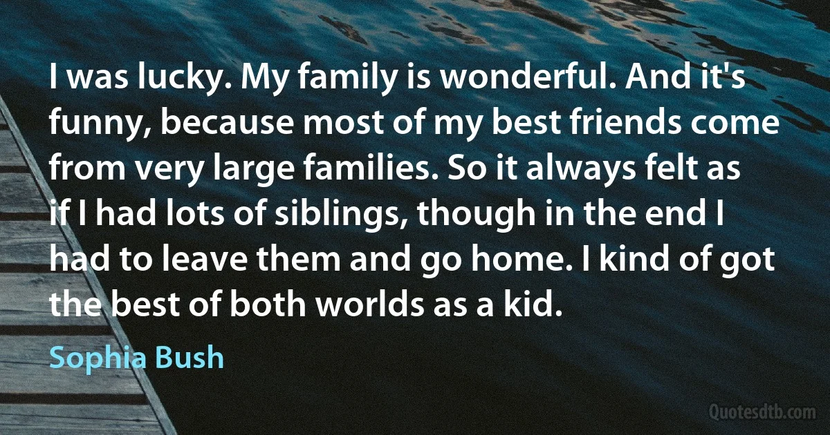 I was lucky. My family is wonderful. And it's funny, because most of my best friends come from very large families. So it always felt as if I had lots of siblings, though in the end I had to leave them and go home. I kind of got the best of both worlds as a kid. (Sophia Bush)