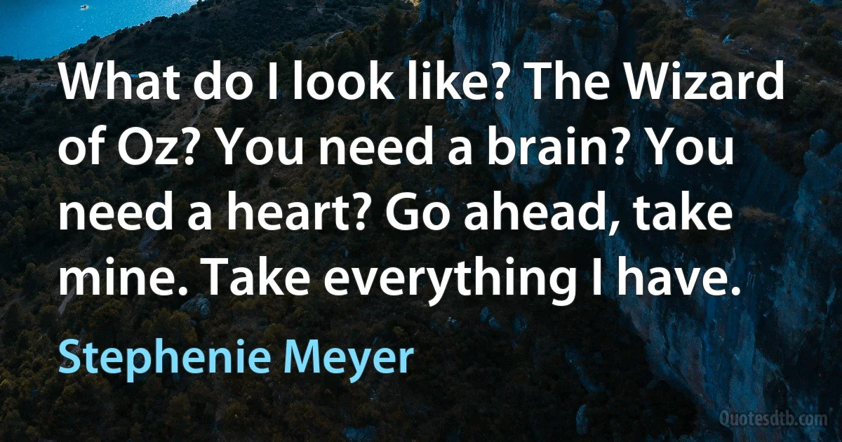 What do I look like? The Wizard of Oz? You need a brain? You need a heart? Go ahead, take mine. Take everything I have. (Stephenie Meyer)