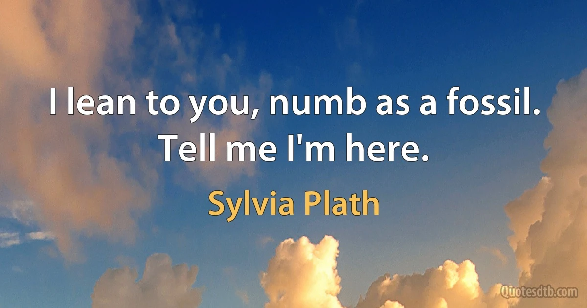 I lean to you, numb as a fossil. Tell me I'm here. (Sylvia Plath)