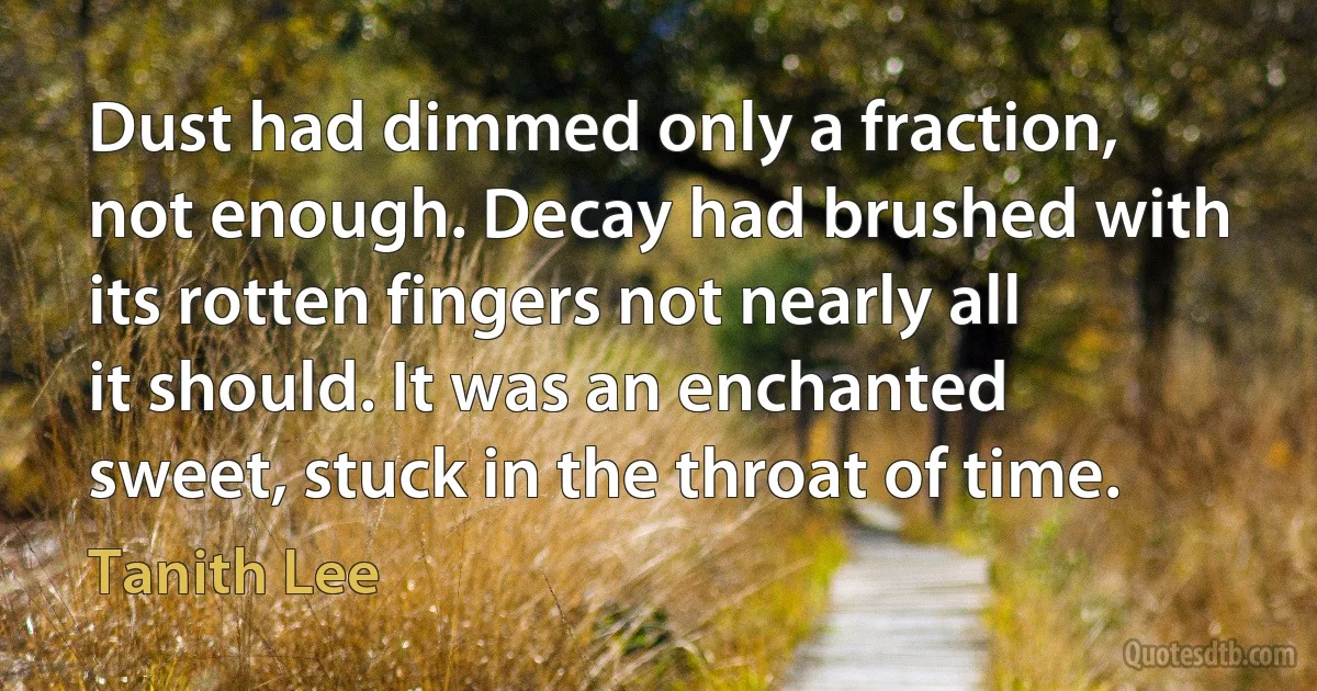 Dust had dimmed only a fraction, not enough. Decay had brushed with its rotten fingers not nearly all it should. It was an enchanted sweet, stuck in the throat of time. (Tanith Lee)