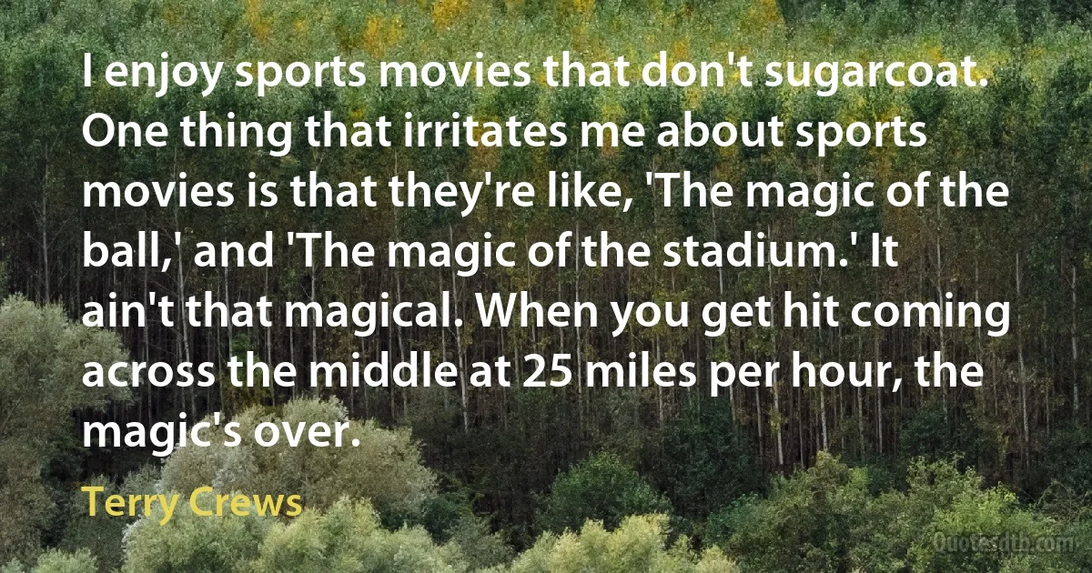 I enjoy sports movies that don't sugarcoat. One thing that irritates me about sports movies is that they're like, 'The magic of the ball,' and 'The magic of the stadium.' It ain't that magical. When you get hit coming across the middle at 25 miles per hour, the magic's over. (Terry Crews)