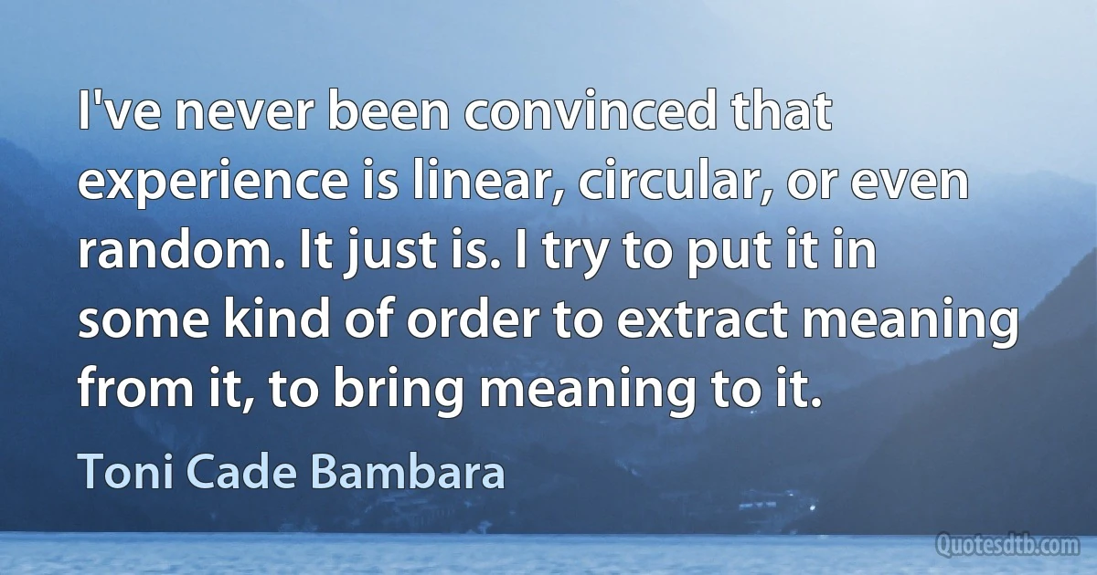 I've never been convinced that experience is linear, circular, or even random. It just is. I try to put it in some kind of order to extract meaning from it, to bring meaning to it. (Toni Cade Bambara)