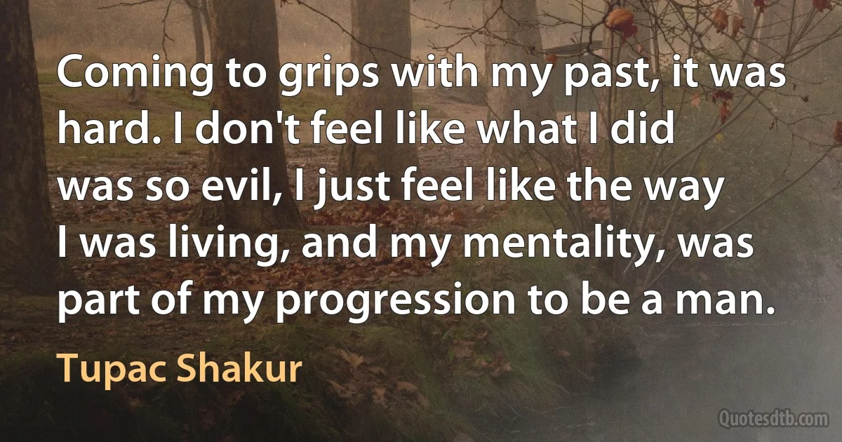 Coming to grips with my past, it was hard. I don't feel like what I did was so evil, I just feel like the way I was living, and my mentality, was part of my progression to be a man. (Tupac Shakur)