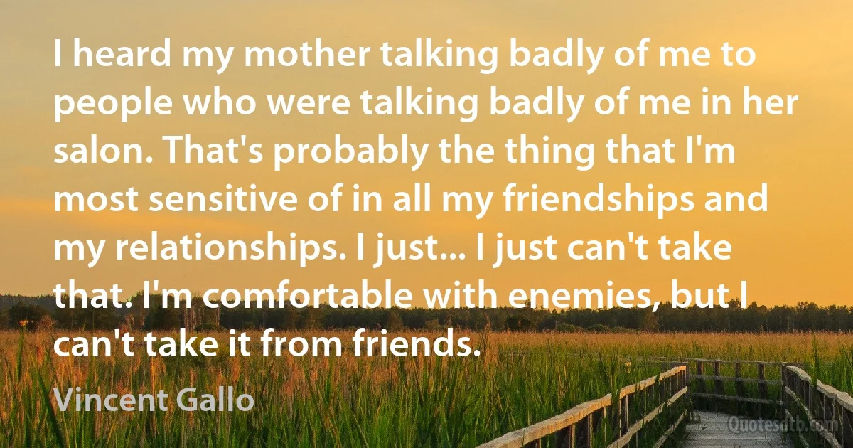 I heard my mother talking badly of me to people who were talking badly of me in her salon. That's probably the thing that I'm most sensitive of in all my friendships and my relationships. I just... I just can't take that. I'm comfortable with enemies, but I can't take it from friends. (Vincent Gallo)