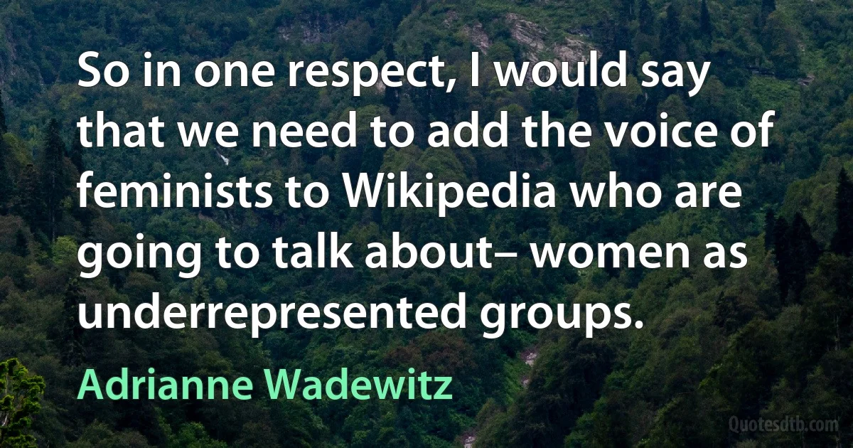 So in one respect, I would say that we need to add the voice of feminists to Wikipedia who are going to talk about– women as underrepresented groups. (Adrianne Wadewitz)