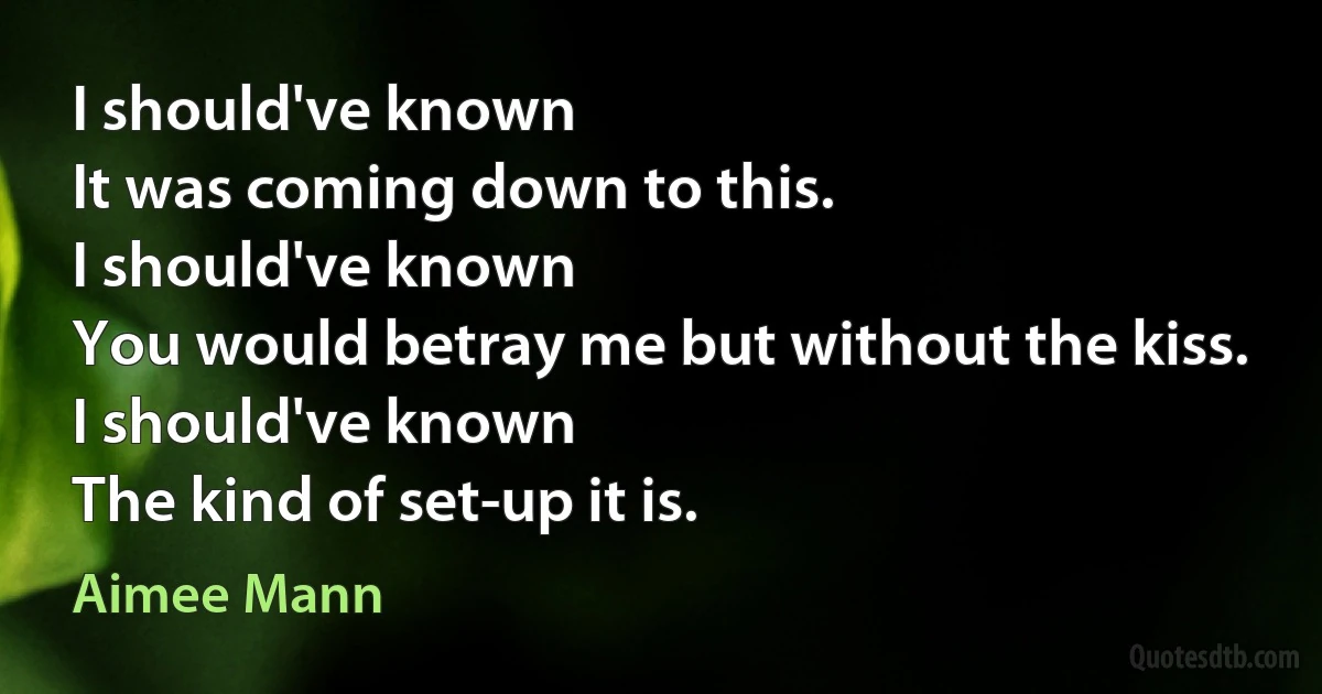 I should've known
It was coming down to this.
I should've known
You would betray me but without the kiss.
I should've known
The kind of set-up it is. (Aimee Mann)