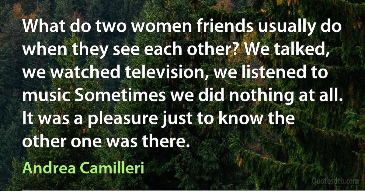 What do two women friends usually do when they see each other? We talked, we watched television, we listened to music Sometimes we did nothing at all. It was a pleasure just to know the other one was there. (Andrea Camilleri)