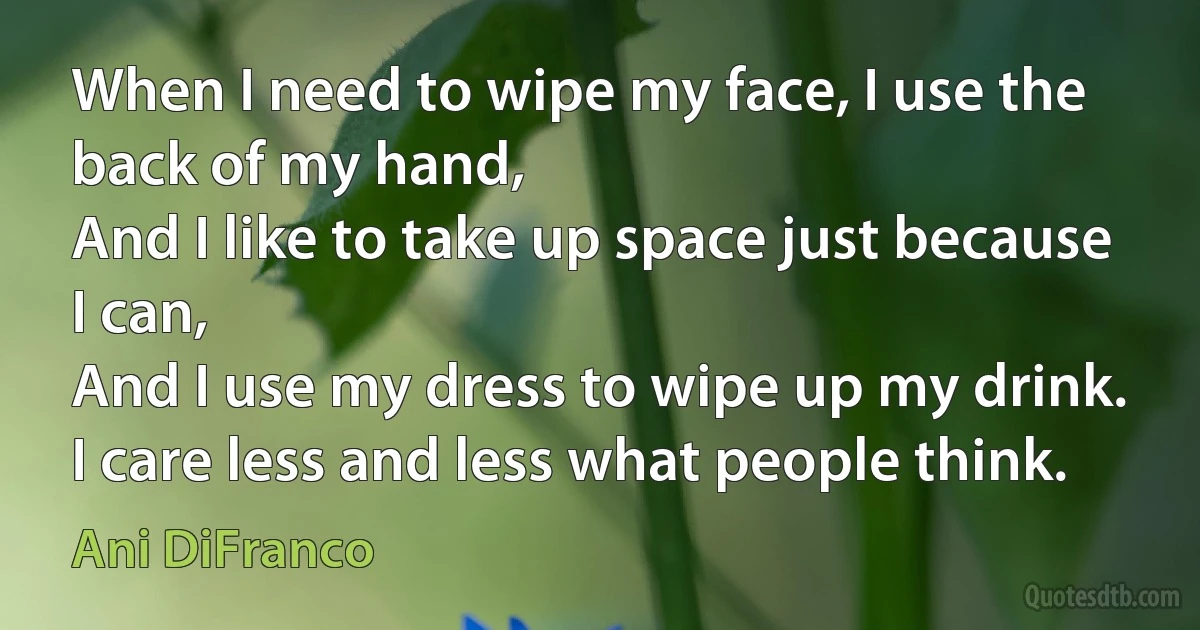 When I need to wipe my face, I use the back of my hand,
And I like to take up space just because I can,
And I use my dress to wipe up my drink.
I care less and less what people think. (Ani DiFranco)