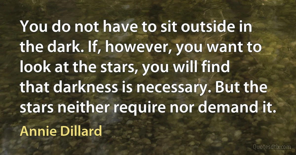 You do not have to sit outside in the dark. If, however, you want to look at the stars, you will find that darkness is necessary. But the stars neither require nor demand it. (Annie Dillard)