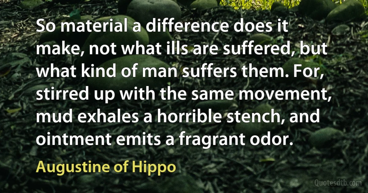 So material a difference does it make, not what ills are suffered, but what kind of man suffers them. For, stirred up with the same movement, mud exhales a horrible stench, and ointment emits a fragrant odor. (Augustine of Hippo)