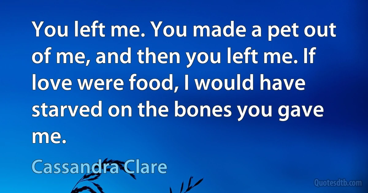 You left me. You made a pet out of me, and then you left me. If love were food, I would have starved on the bones you gave me. (Cassandra Clare)