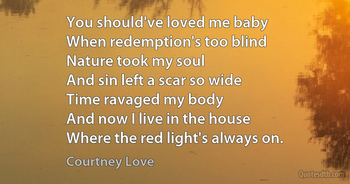 You should've loved me baby
When redemption's too blind
Nature took my soul
And sin left a scar so wide
Time ravaged my body
And now I live in the house
Where the red light's always on. (Courtney Love)