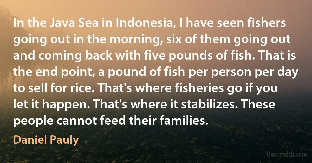 In the Java Sea in Indonesia, I have seen fishers going out in the morning, six of them going out and coming back with five pounds of fish. That is the end point, a pound of fish per person per day to sell for rice. That's where fisheries go if you let it happen. That's where it stabilizes. These people cannot feed their families. (Daniel Pauly)