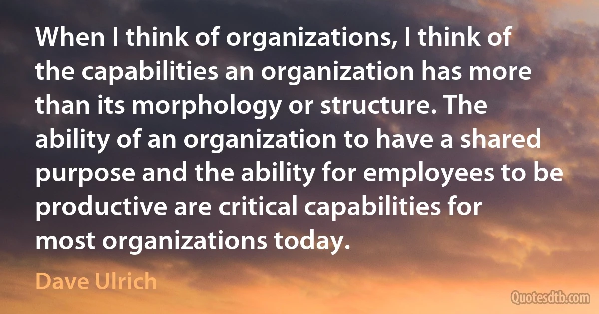 When I think of organizations, I think of the capabilities an organization has more than its morphology or structure. The ability of an organization to have a shared purpose and the ability for employees to be productive are critical capabilities for most organizations today. (Dave Ulrich)