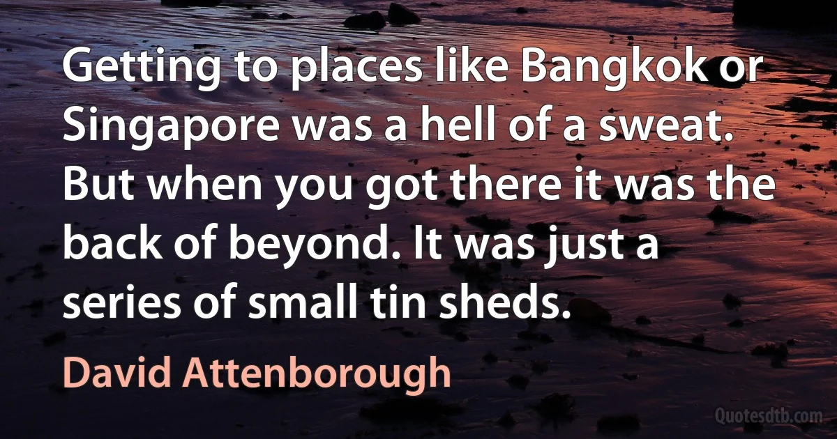 Getting to places like Bangkok or Singapore was a hell of a sweat. But when you got there it was the back of beyond. It was just a series of small tin sheds. (David Attenborough)