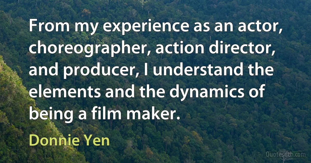 From my experience as an actor, choreographer, action director, and producer, I understand the elements and the dynamics of being a film maker. (Donnie Yen)