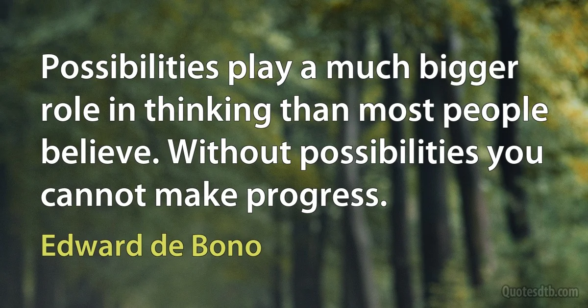 Possibilities play a much bigger role in thinking than most people believe. Without possibilities you cannot make progress. (Edward de Bono)