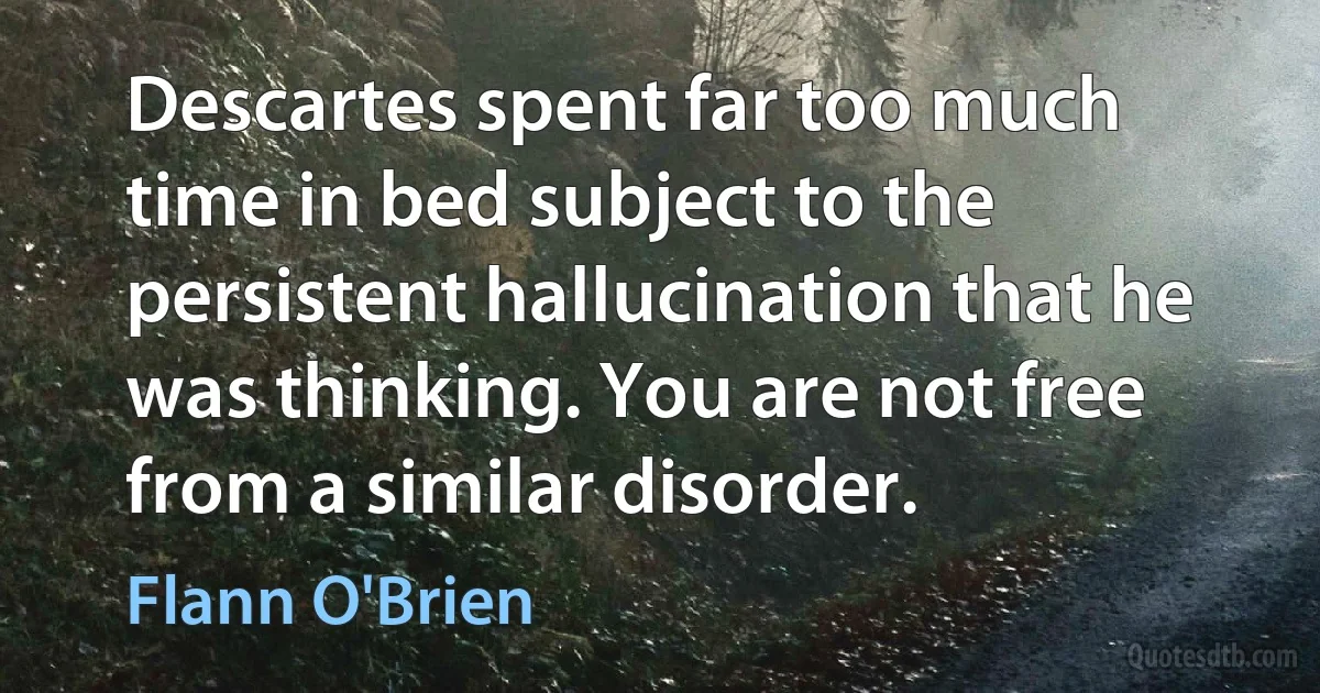 Descartes spent far too much time in bed subject to the persistent hallucination that he was thinking. You are not free from a similar disorder. (Flann O'Brien)