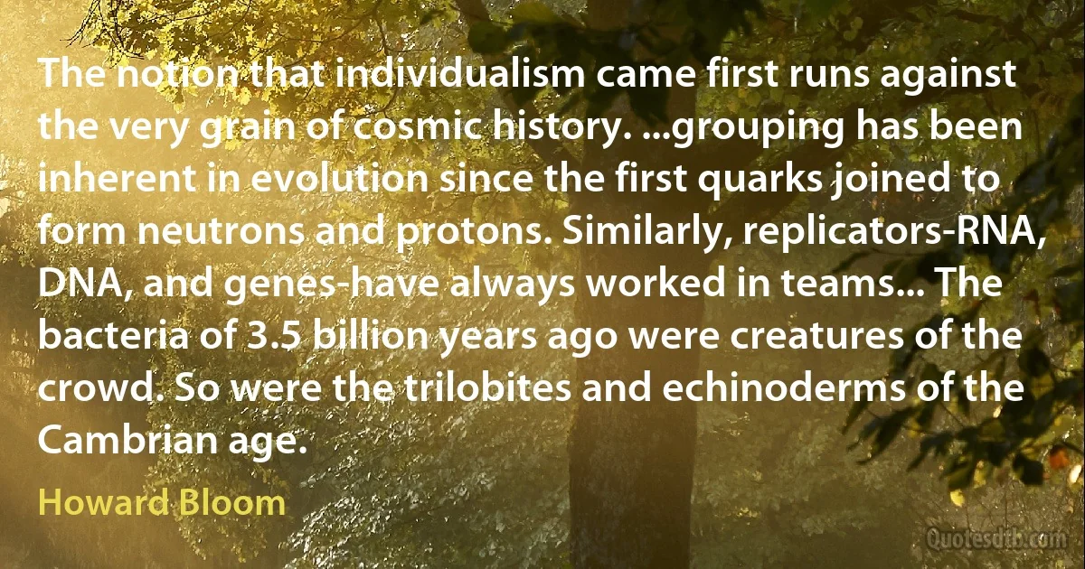 The notion that individualism came first runs against the very grain of cosmic history. ...grouping has been inherent in evolution since the first quarks joined to form neutrons and protons. Similarly, replicators-RNA, DNA, and genes-have always worked in teams... The bacteria of 3.5 billion years ago were creatures of the crowd. So were the trilobites and echinoderms of the Cambrian age. (Howard Bloom)