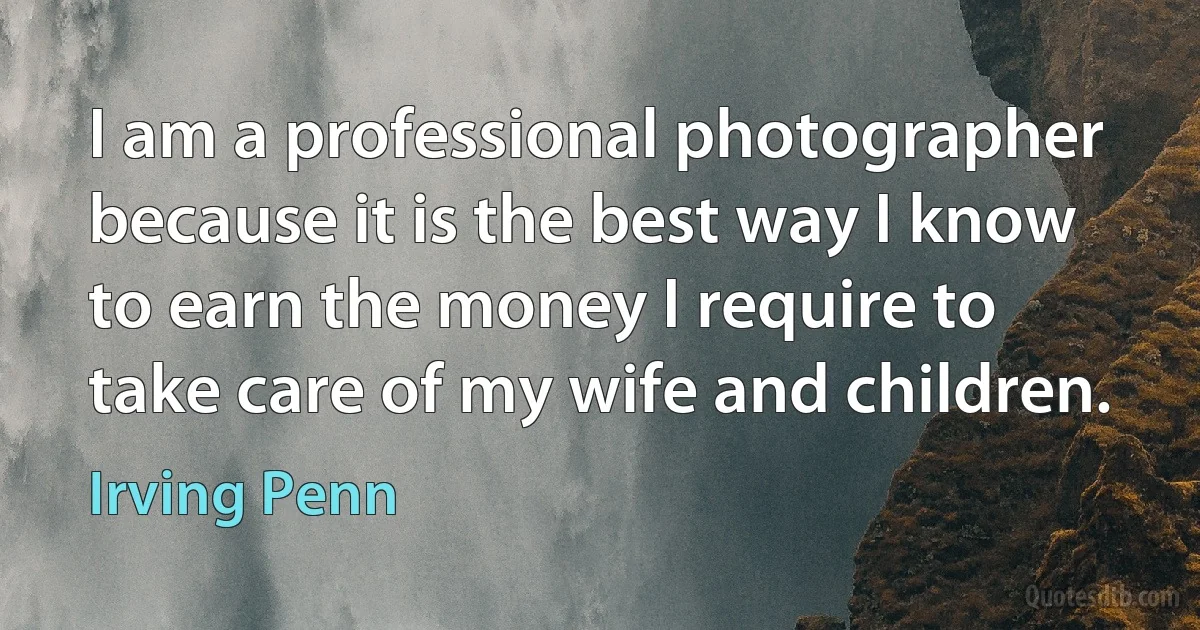 I am a professional photographer because it is the best way I know to earn the money I require to take care of my wife and children. (Irving Penn)