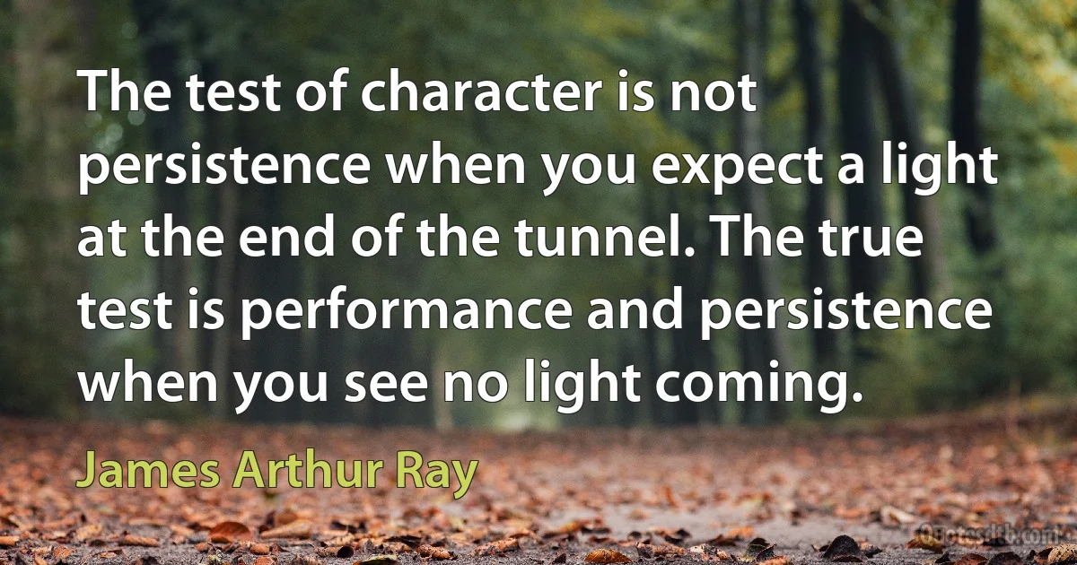 The test of character is not persistence when you expect a light at the end of the tunnel. The true test is performance and persistence when you see no light coming. (James Arthur Ray)