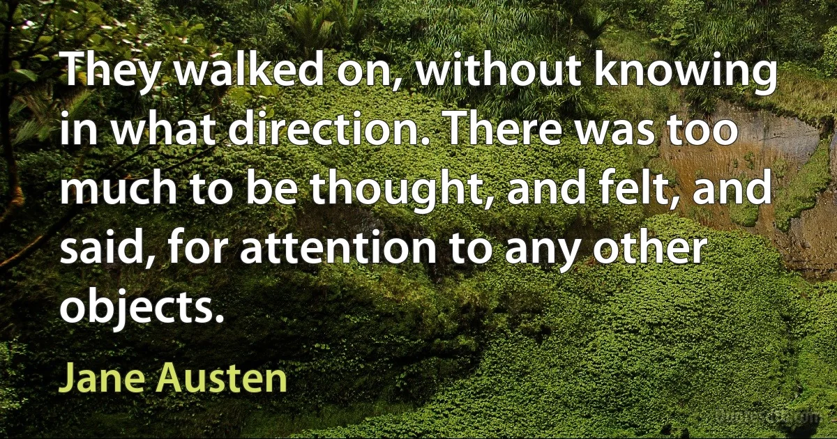 They walked on, without knowing in what direction. There was too much to be thought, and felt, and said, for attention to any other objects. (Jane Austen)