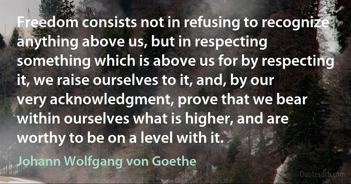 Freedom consists not in refusing to recognize anything above us, but in respecting something which is above us for by respecting it, we raise ourselves to it, and, by our very acknowledgment, prove that we bear within ourselves what is higher, and are worthy to be on a level with it. (Johann Wolfgang von Goethe)